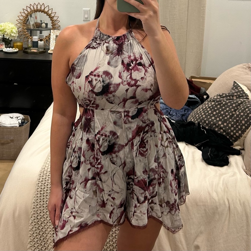 ANGL Halter Mini Dress in White and Burgundy Floral